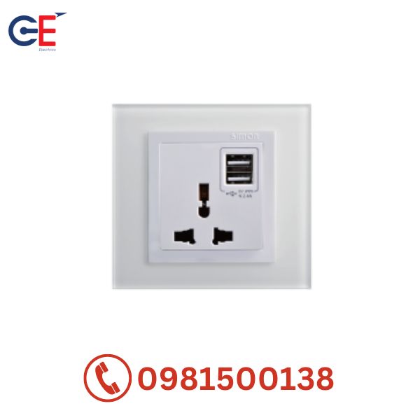 Bộ ổ cắm 3 chấu Simon V8 đa năng + 2 cổng USB